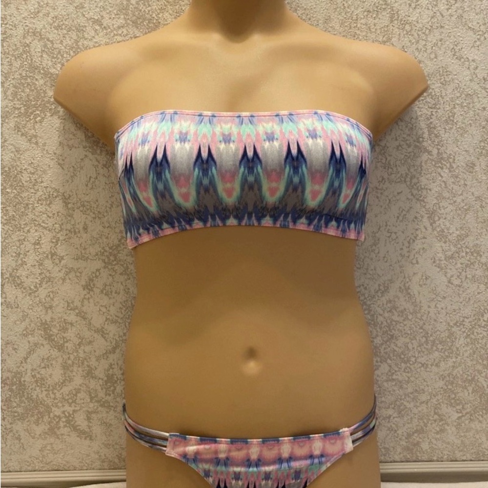 Victoria's Secret Multi Strap Back Watercolor Bikini in Pink, Blue & White
